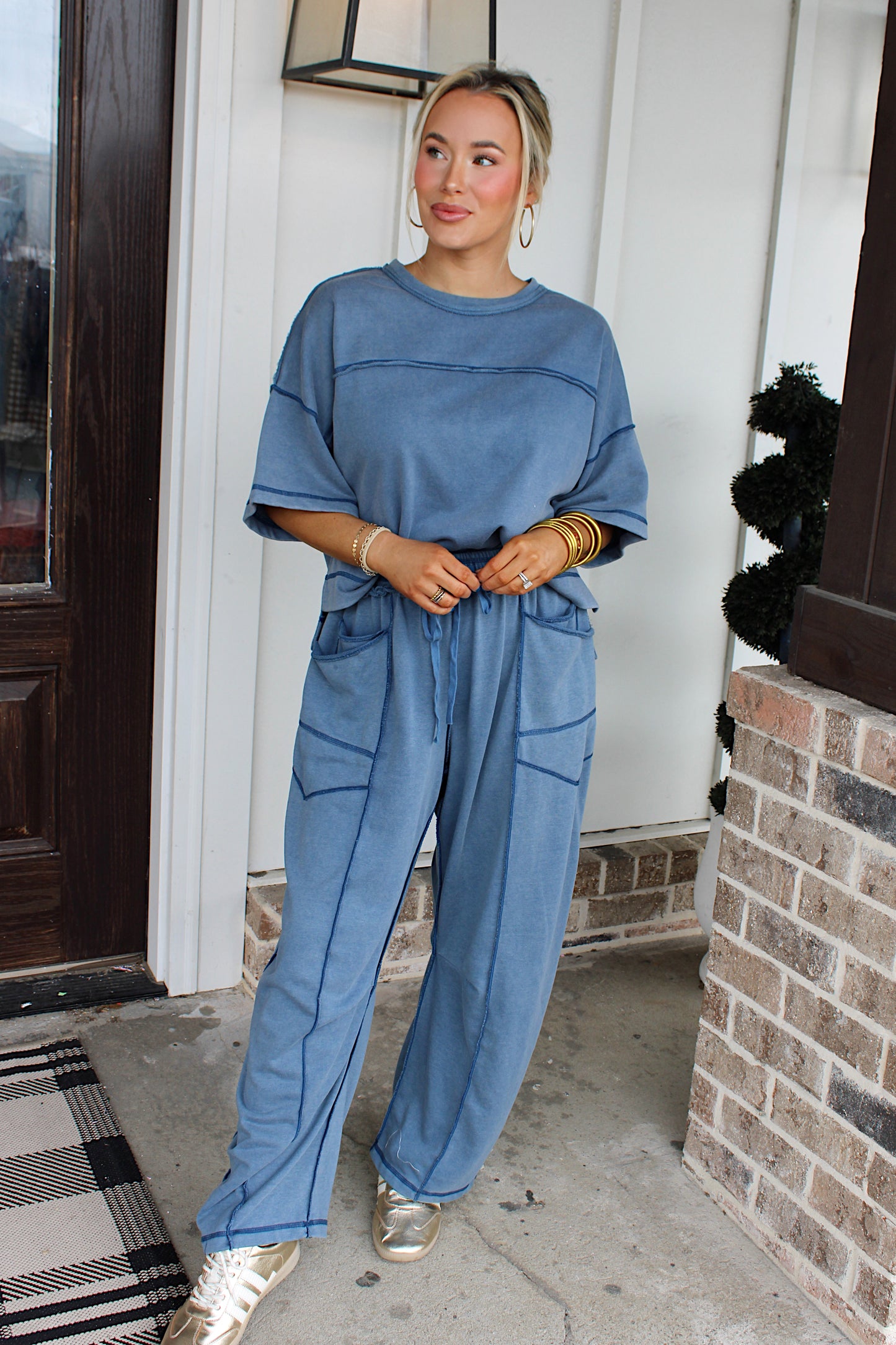 Mineral Washed Barrel Pants Set - Blue