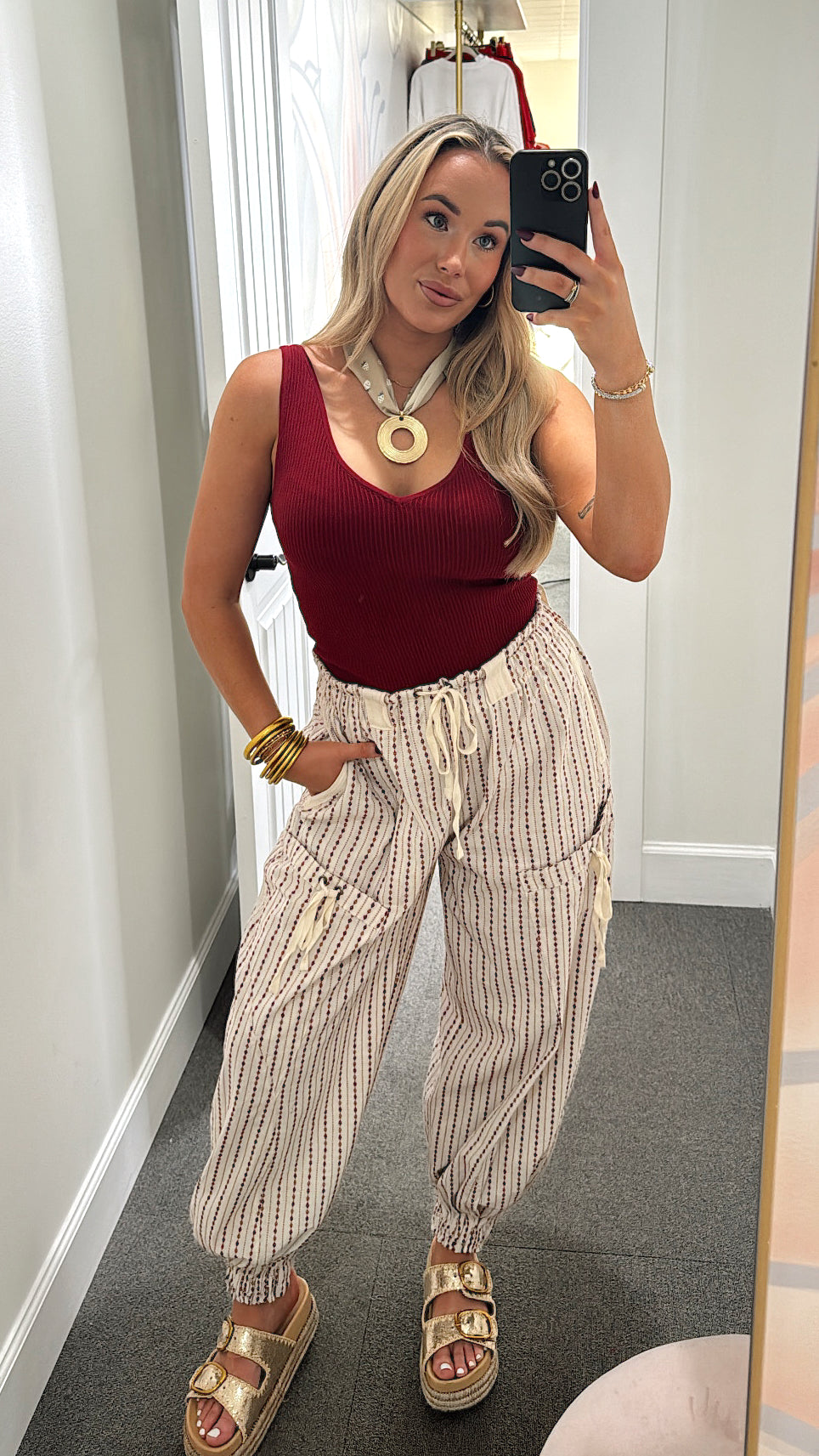 Striped Drawstring Jogger Pants - Oatmeal/Burgundy