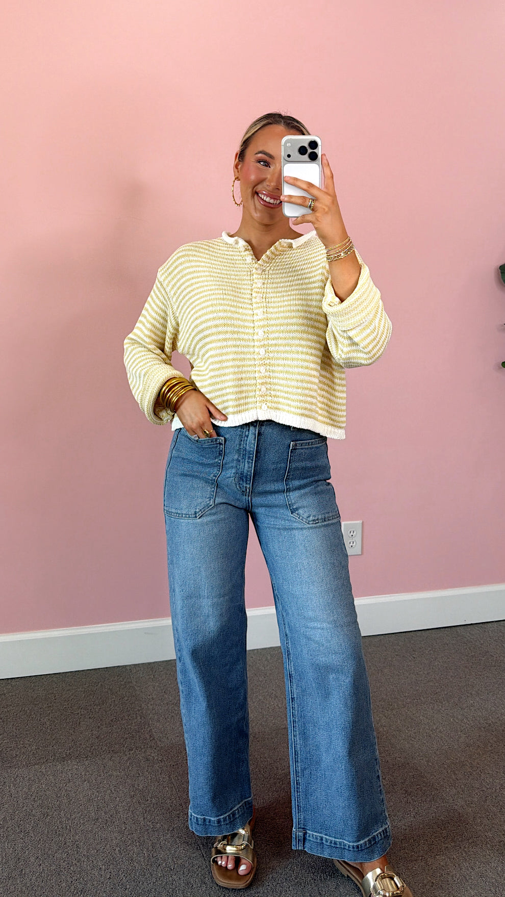 Button Down Cardigan - Yellow/White