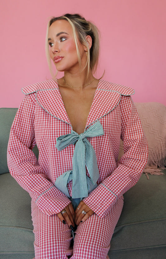 Gingham Open Bow Pajamas - Red/Green