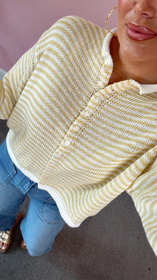 Button Down Cardigan - Yellow/White