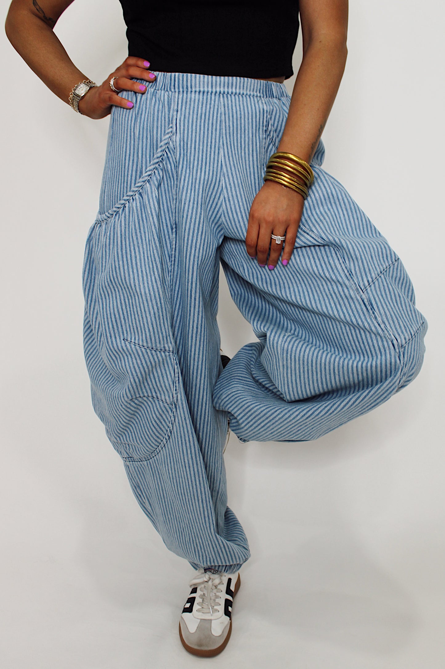 Striped Denim Barrel Jogger Pant