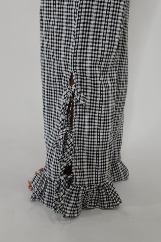 Gingham Side Slit Bow Ruffle Pant