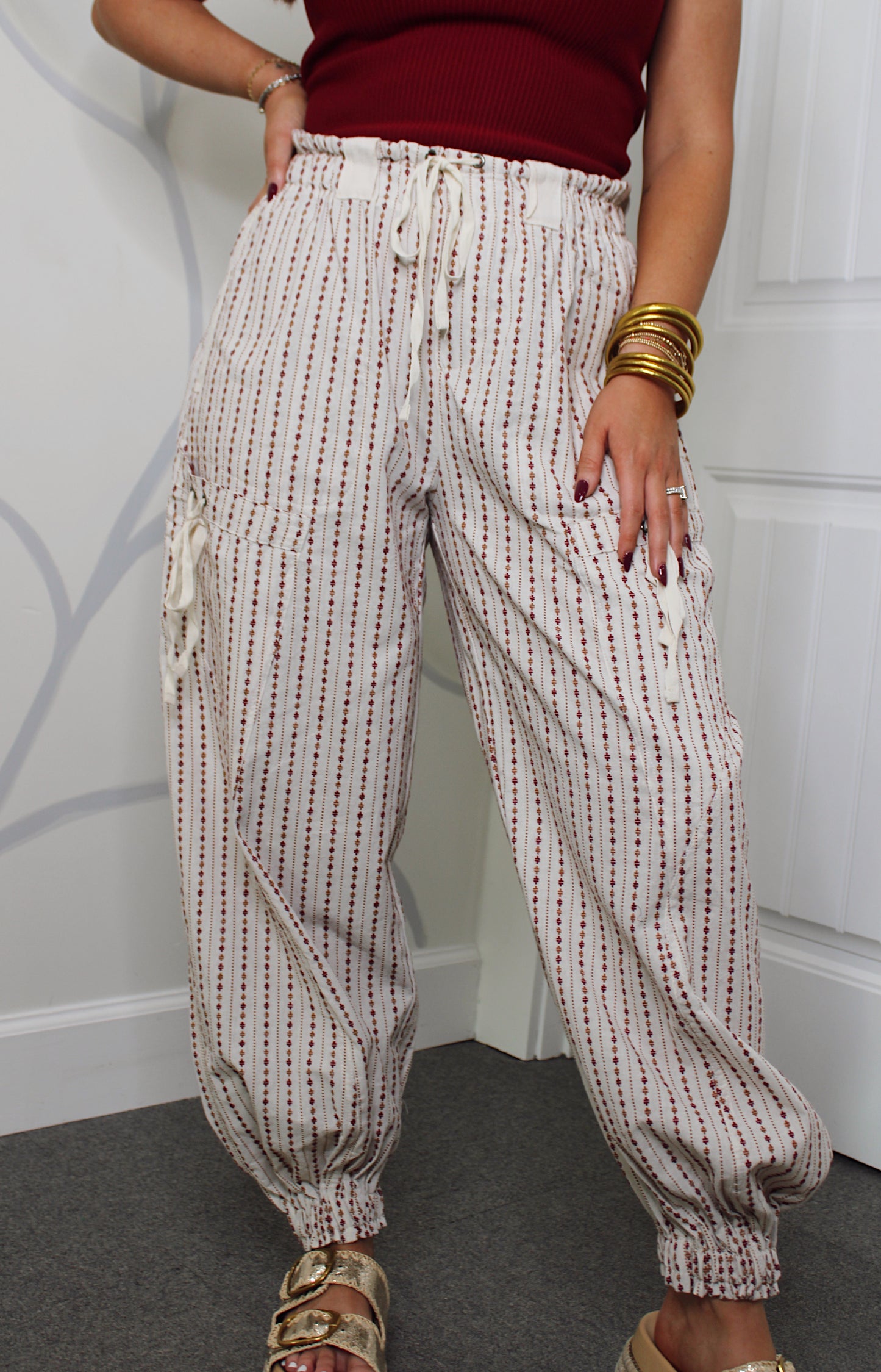 Striped Drawstring Jogger Pants - Oatmeal/Burgundy