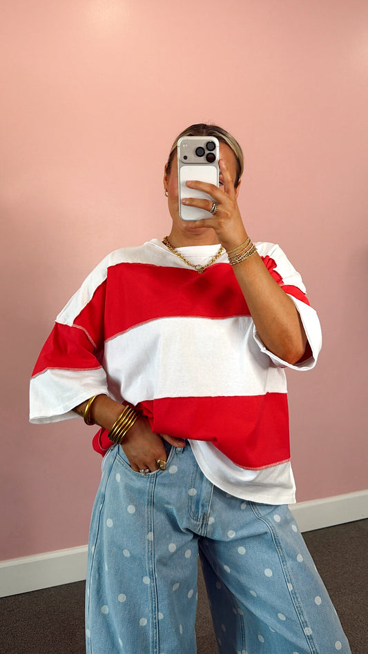 Color Block Striped Oversized Tee - White/ Red
