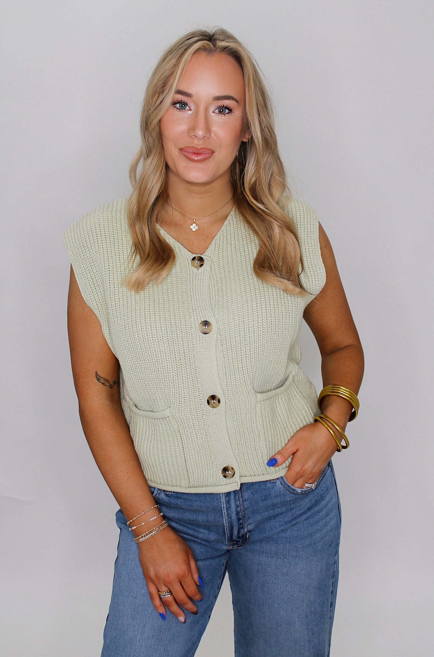 Front Pocket Sweater Vest - Sage