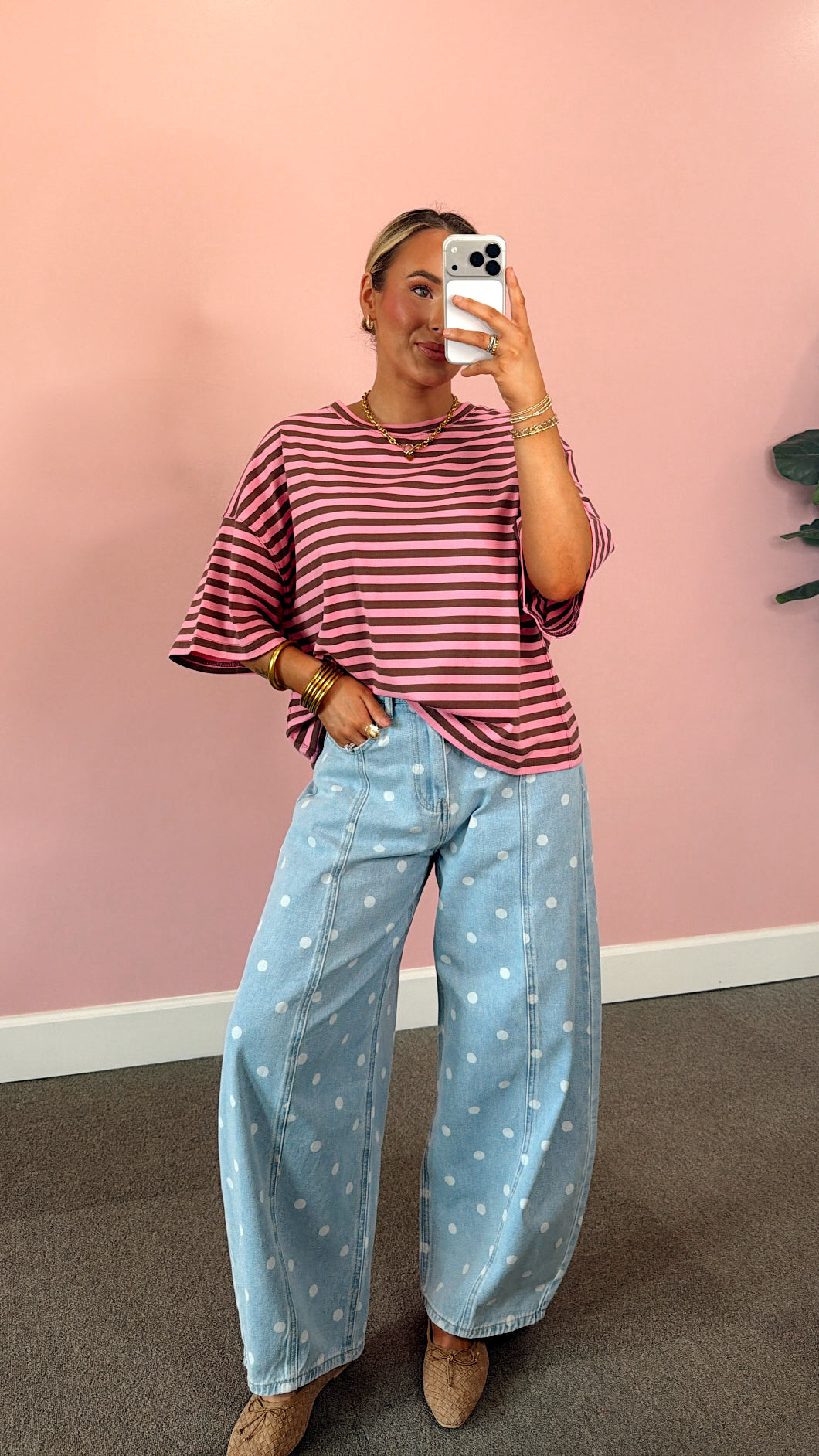 Purely Striped Oversized Tee - Pink/Brown