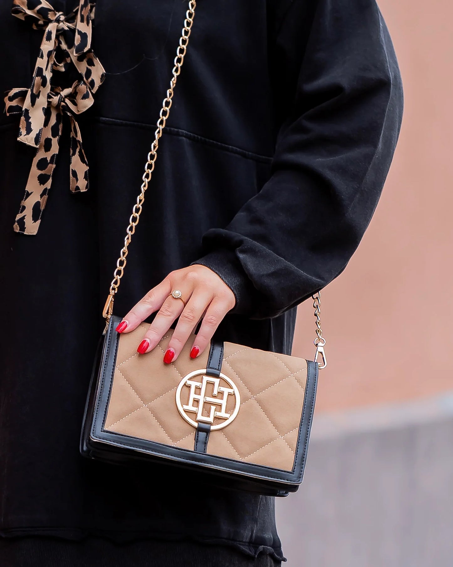 Caroline Hill | Cecilia Circle Logo Handbag Latte Black