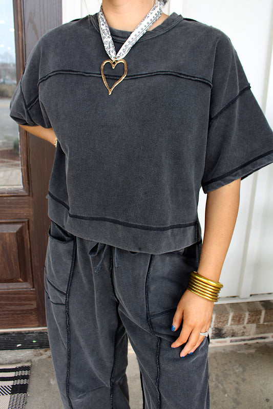 Mineral Washed Barrel Pants Set - Black