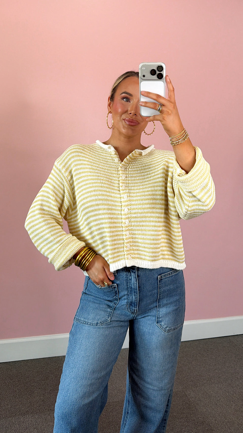 Button Down Cardigan - Yellow/White
