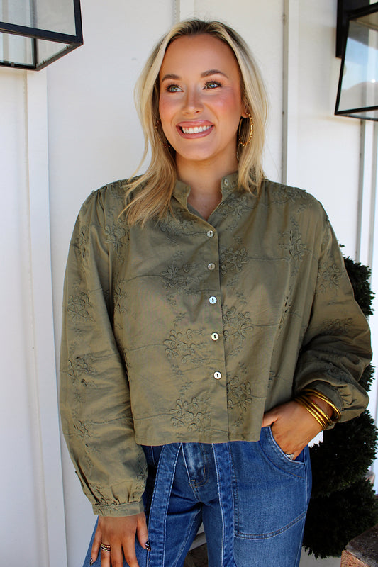 Woven Long Sleeve Top in Olive