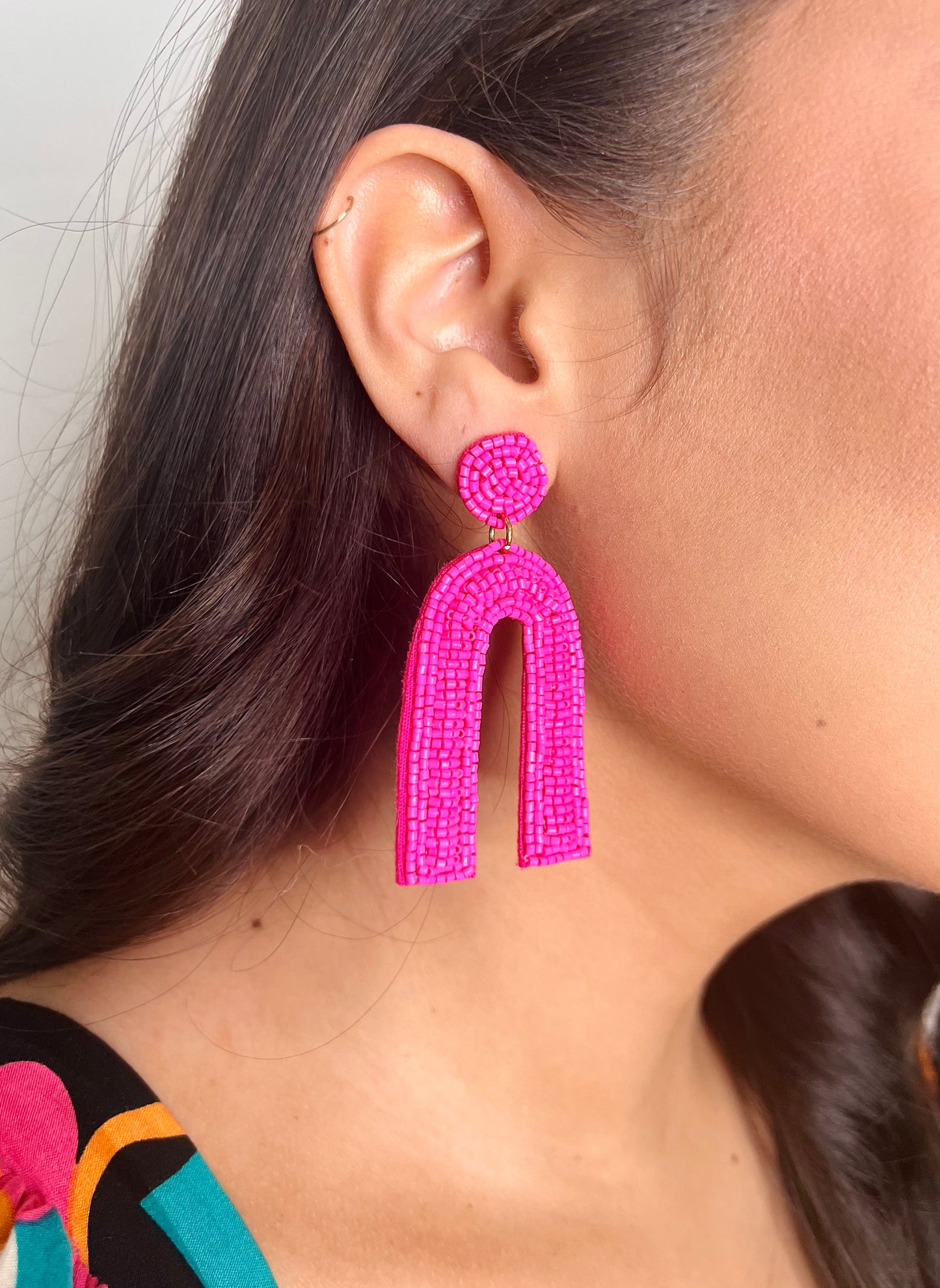 Beaded Arch Earrings in Fuchsia