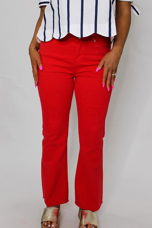 High Rise Ankle Flare in Red