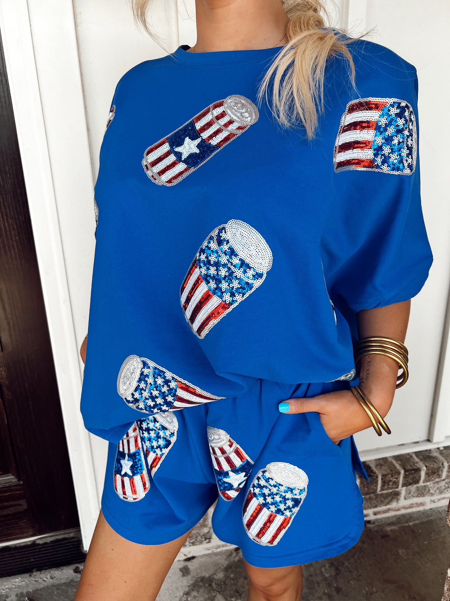 America Sequin Drinks Shorts Set