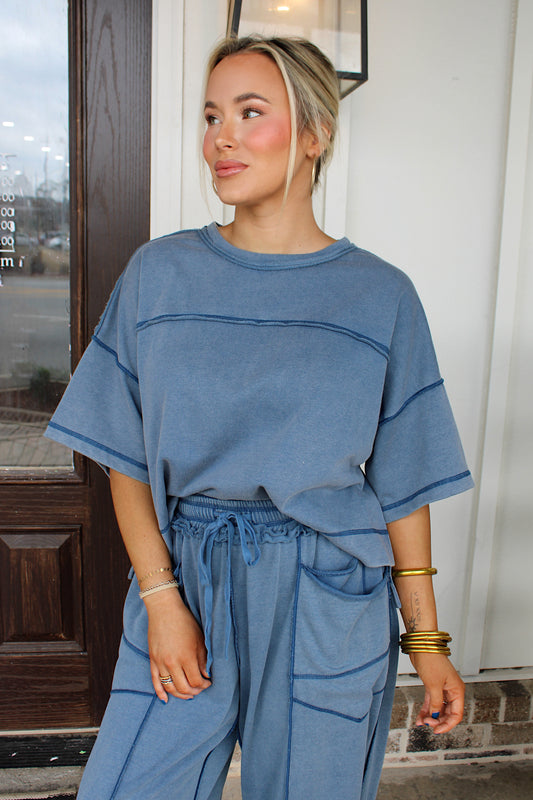 Mineral Washed Barrel Pants Set - Blue