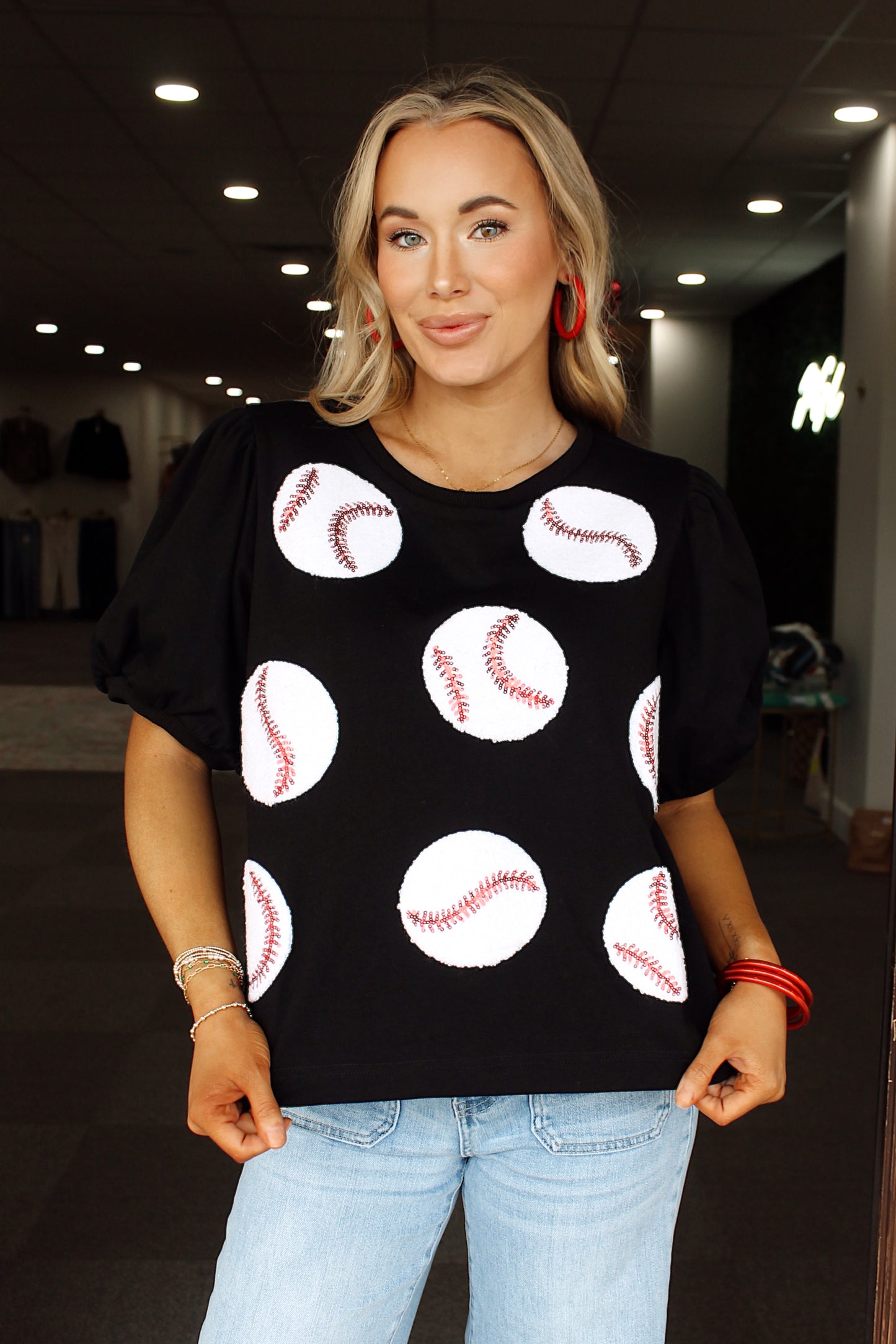 Baseball Terrycloth Puff Sleeve Top