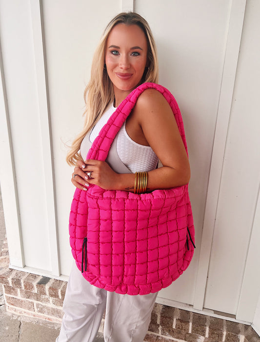 Quilted Puffer Tote - Hot Pink