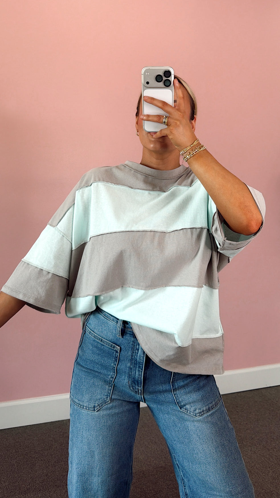 Color Block Striped Oversized Tee - Teal/Gray