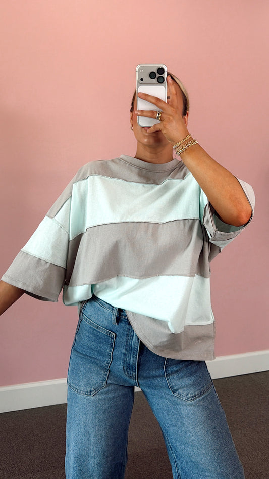 Color Block Striped Oversized Tee - Teal/Gray