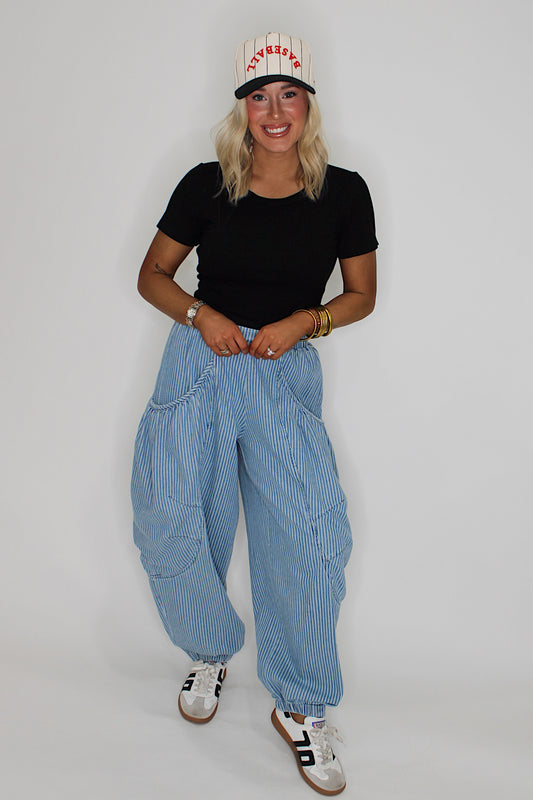 Striped Denim Barrel Jogger Pant