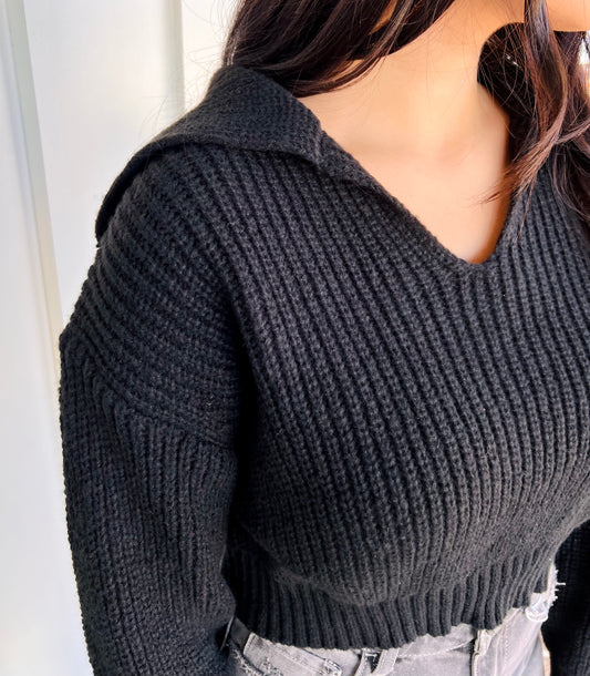 Crop Knit Collar Sweater Top
