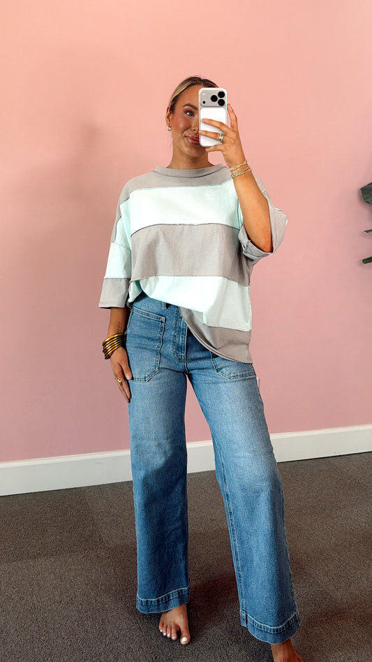 Color Block Striped Oversized Tee - Teal/Gray
