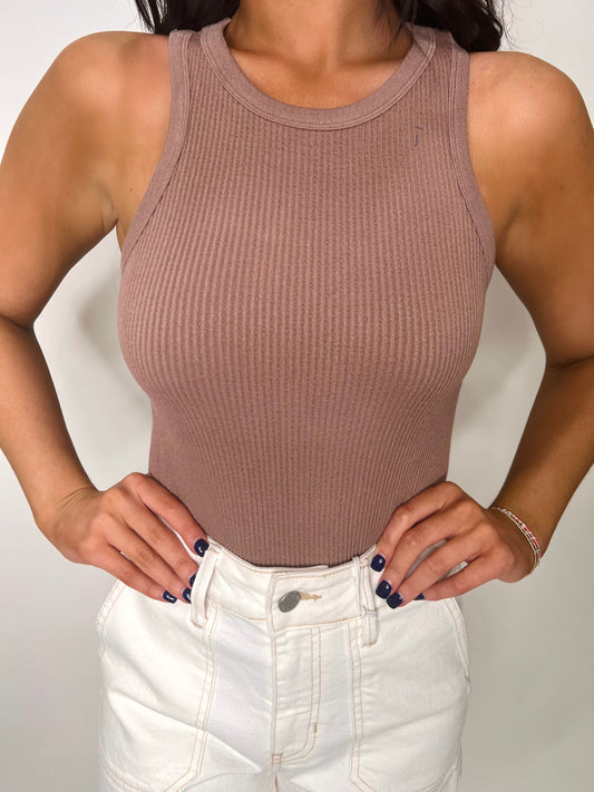 Sporty Spice Ribbed Bodysuit in Taupe