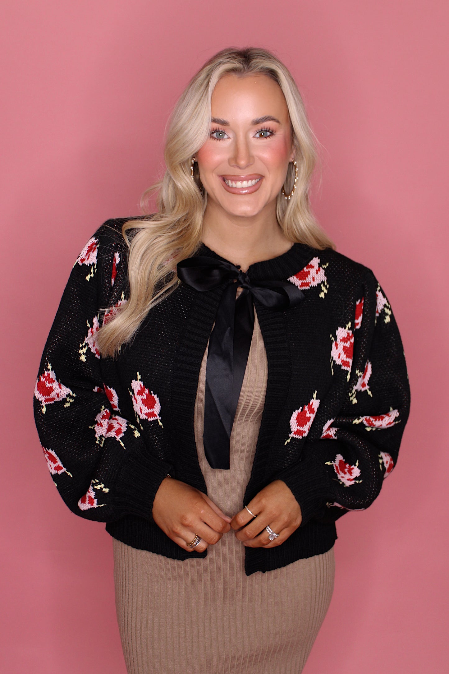 Floral Cardigan w/ Satin Tie