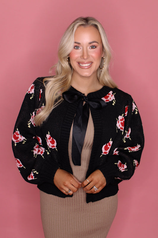 Floral Cardigan w/ Satin Tie