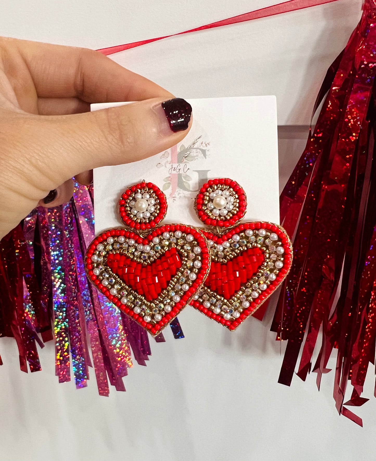 Heart Bead Earrings - RED