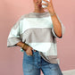 Color Block Striped Oversized Tee - Teal/Gray