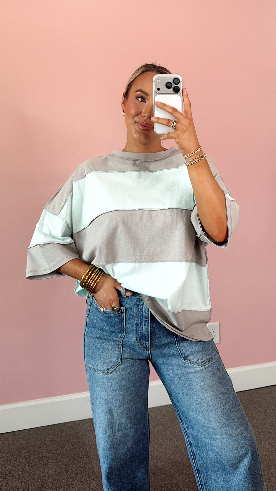 Color Block Striped Oversized Tee - Teal/Gray