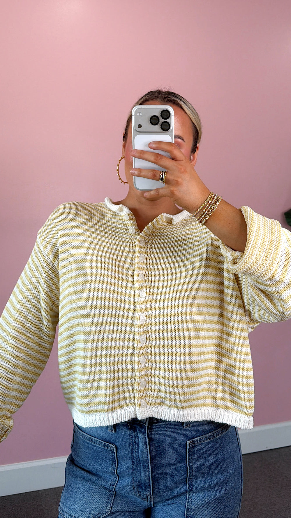 Button Down Cardigan - Yellow/White