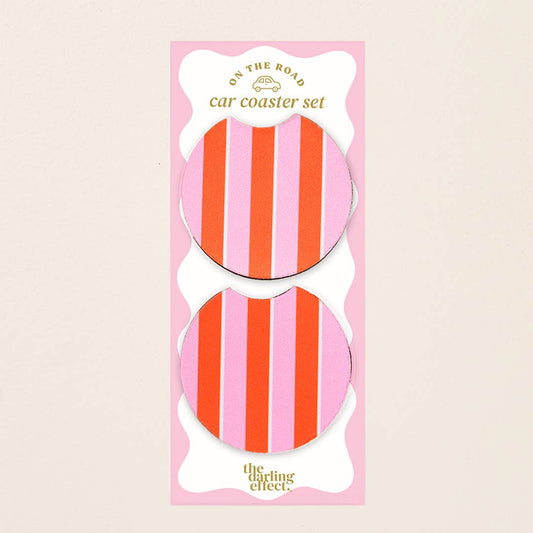 On the Road Car Coaster Set–Sicily Stripes Pink
