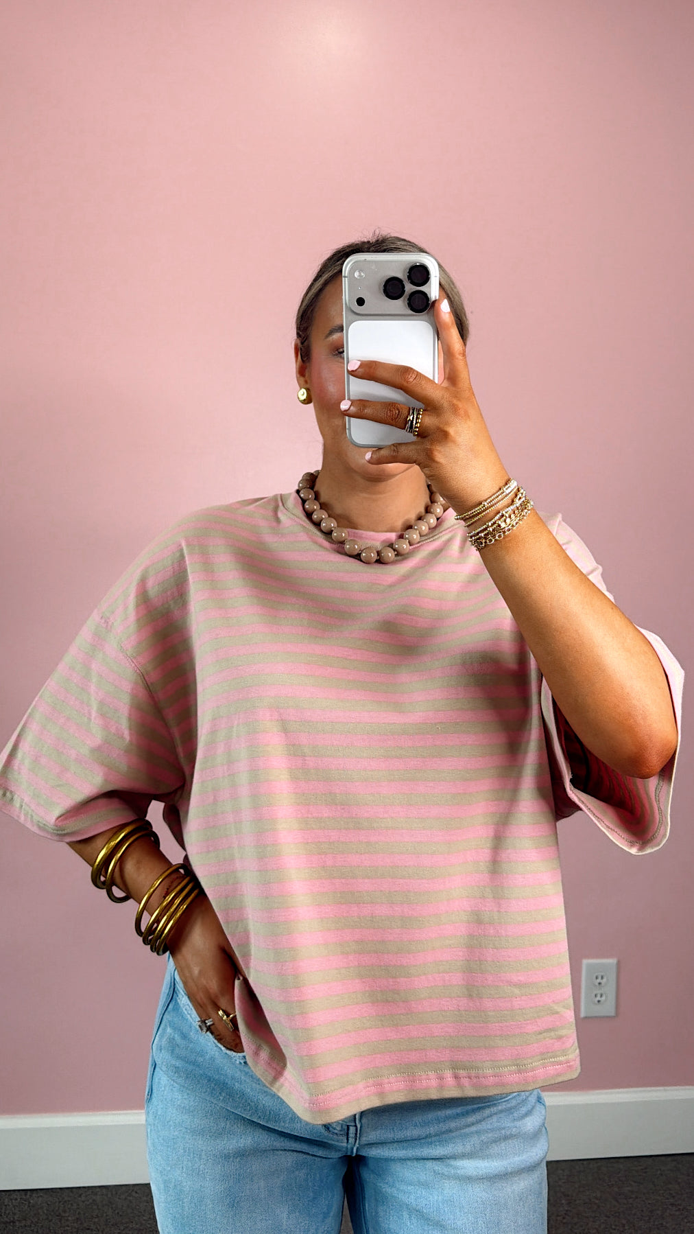 Purely Striped Oversized Tee - Oatmeal/Pink