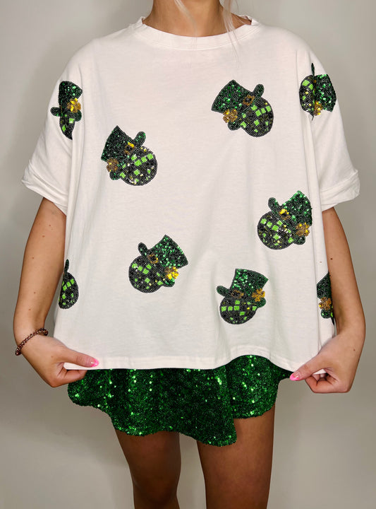 Sequins Clover Hat Patched Tee