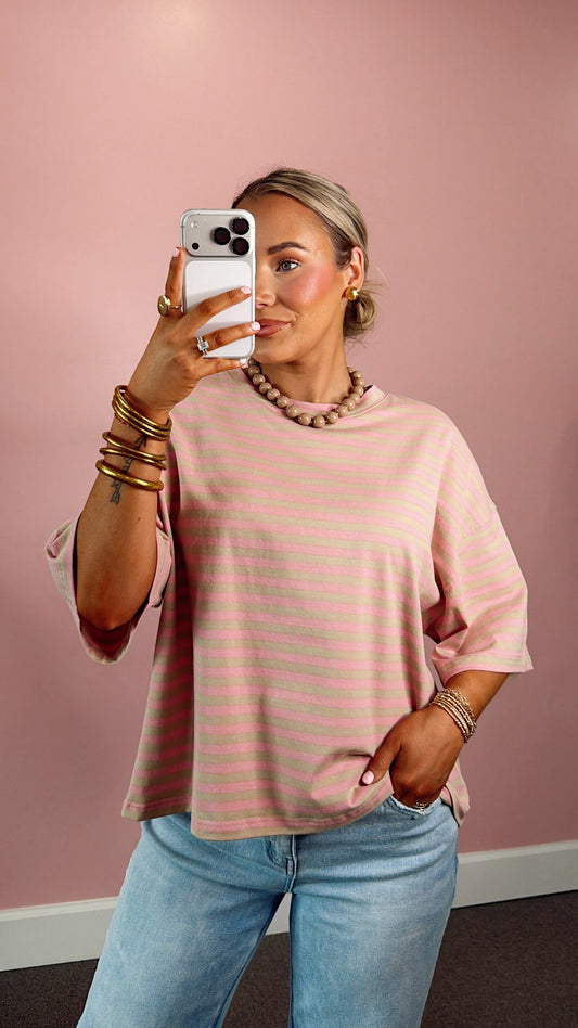 Purely Striped Oversized Tee - Oatmeal/Pink