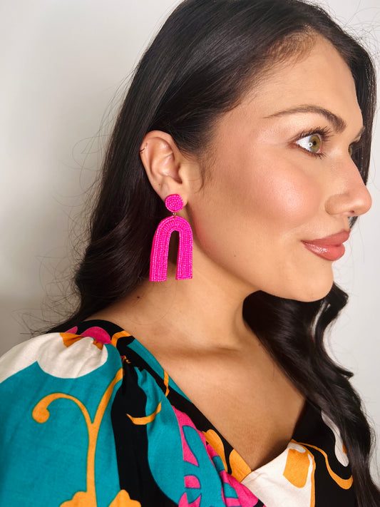 Beaded Arch Earrings in Fuchsia