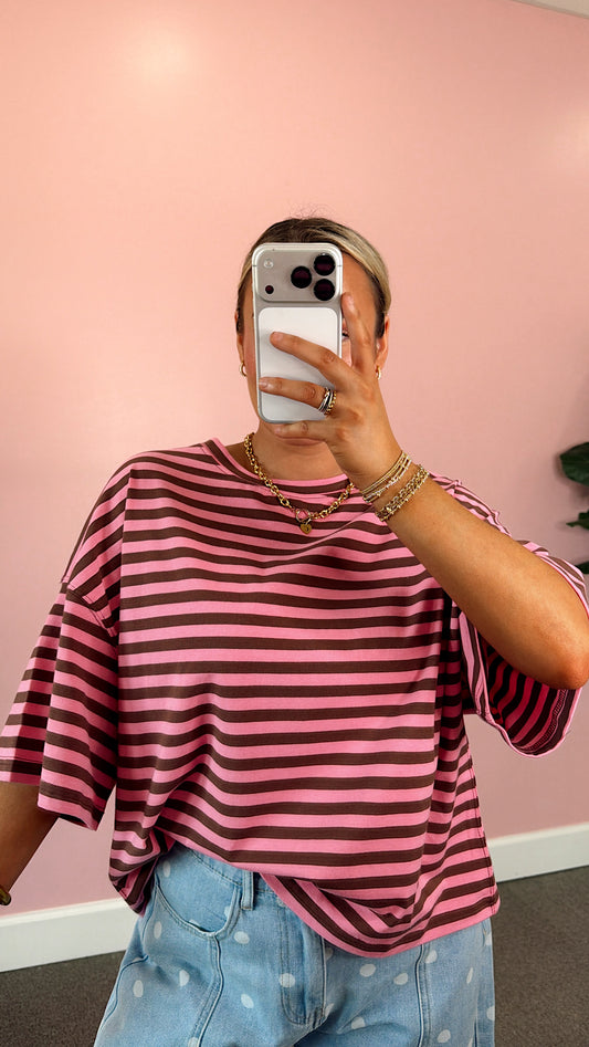 Purely Striped Oversized Tee - Pink/Brown