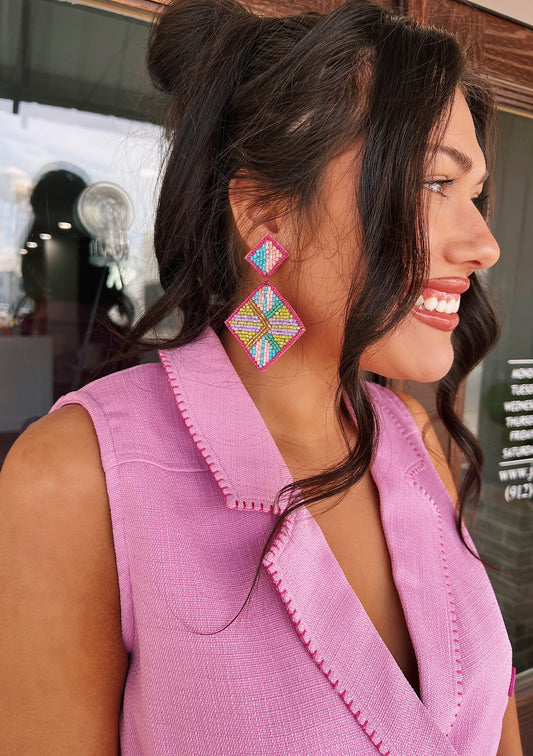 Stripe Pattern Beaded Earring - Fuchsia