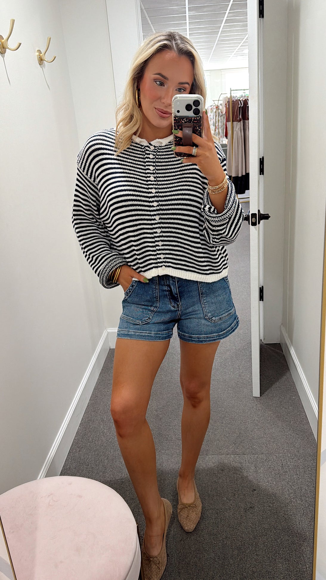 Button Down Cardigan - Navy/White