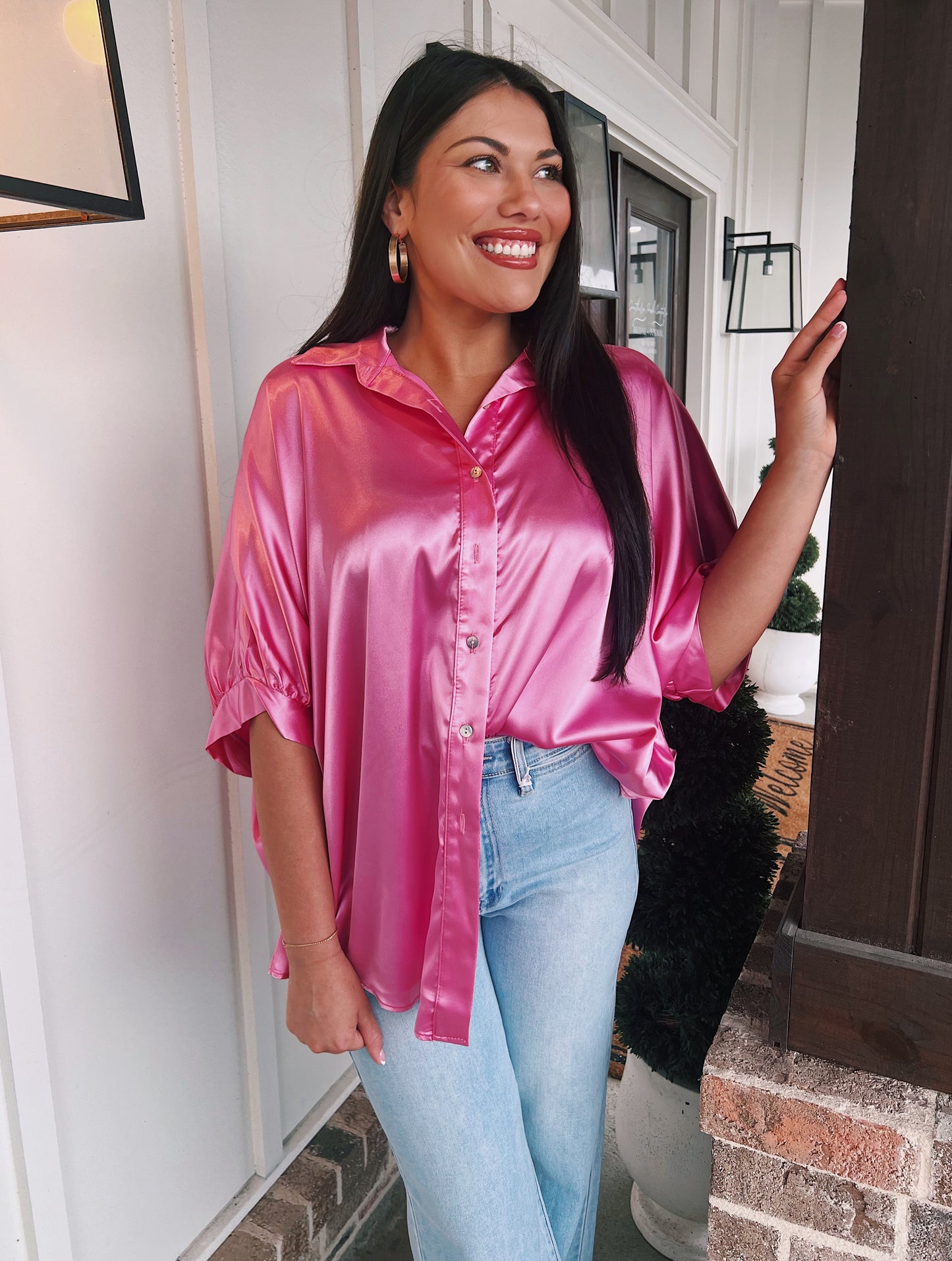 ADRIENNE / Bubblegum Button Down Blouse