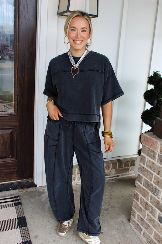 Mineral Washed Barrel Pants Set - Black