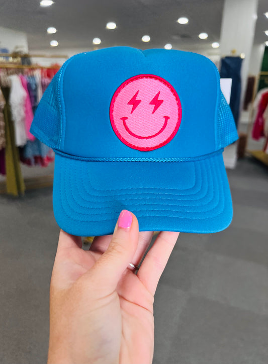 Hot Pink Lightening Face Trucker Hat - BLUE