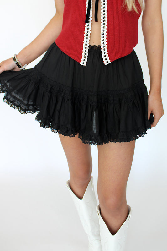 Black Lace Trim Mini Skort