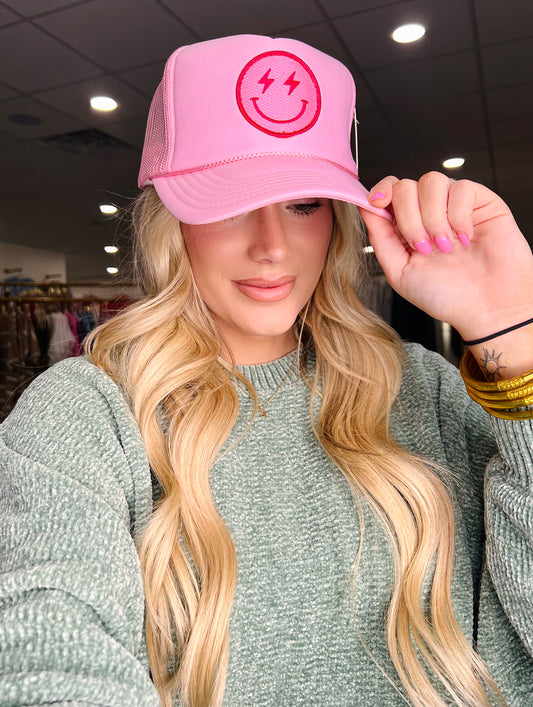 Hot Pink Lightening Face Trucker Hat - PINK