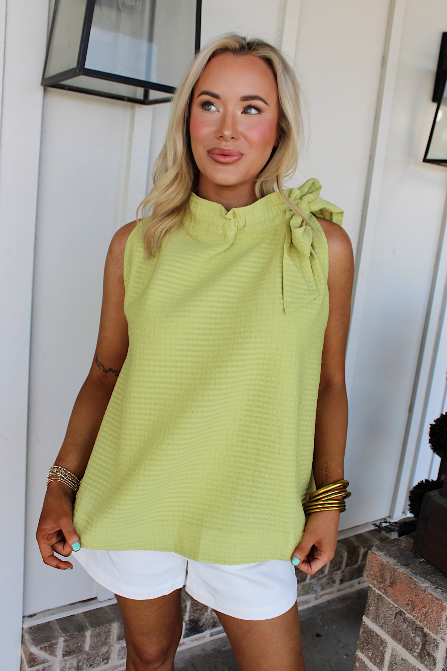 Ruffle Neck Tie Bow Top