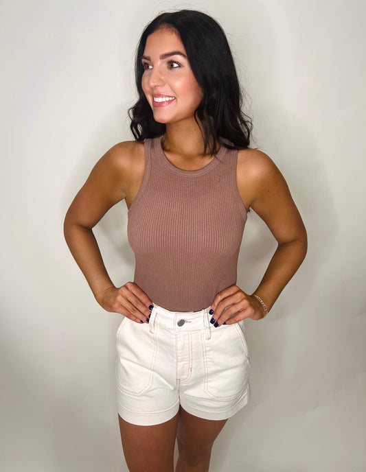 Sporty Spice Ribbed Bodysuit in Taupe