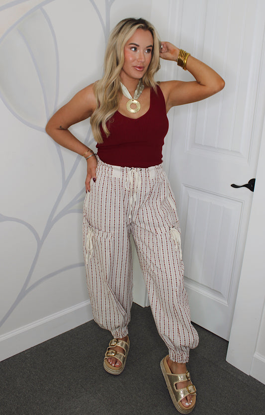 Striped Drawstring Jogger Pants - Oatmeal/Burgundy
