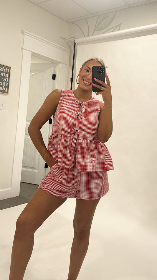Gingham Red & White Shorts Set